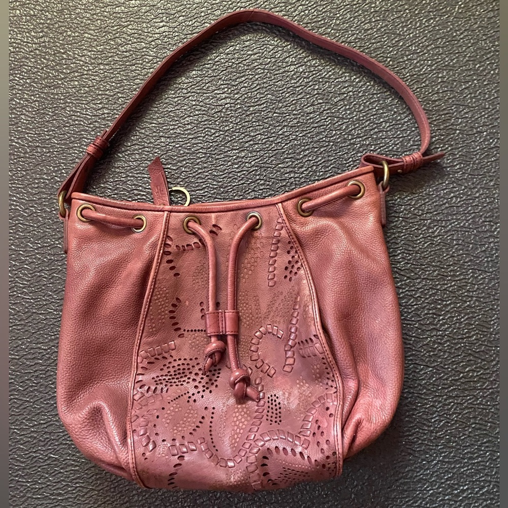 FRYE Vivian Leather Bucket Bag Brown/Red